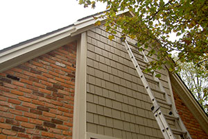 New cedar shake vinyl siding on home exterior.